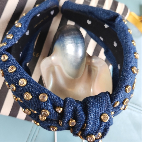 LELE SADOUGHI Dark Indigo Blue Jean Rhinestones Glitz Top Knot Denim Headband OS - Picture 3 of 8